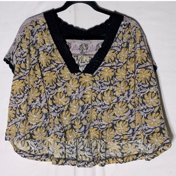 Free People Yellow Floral Leilani Crop With Crochet Lace Trim S - Picture 12 of 13